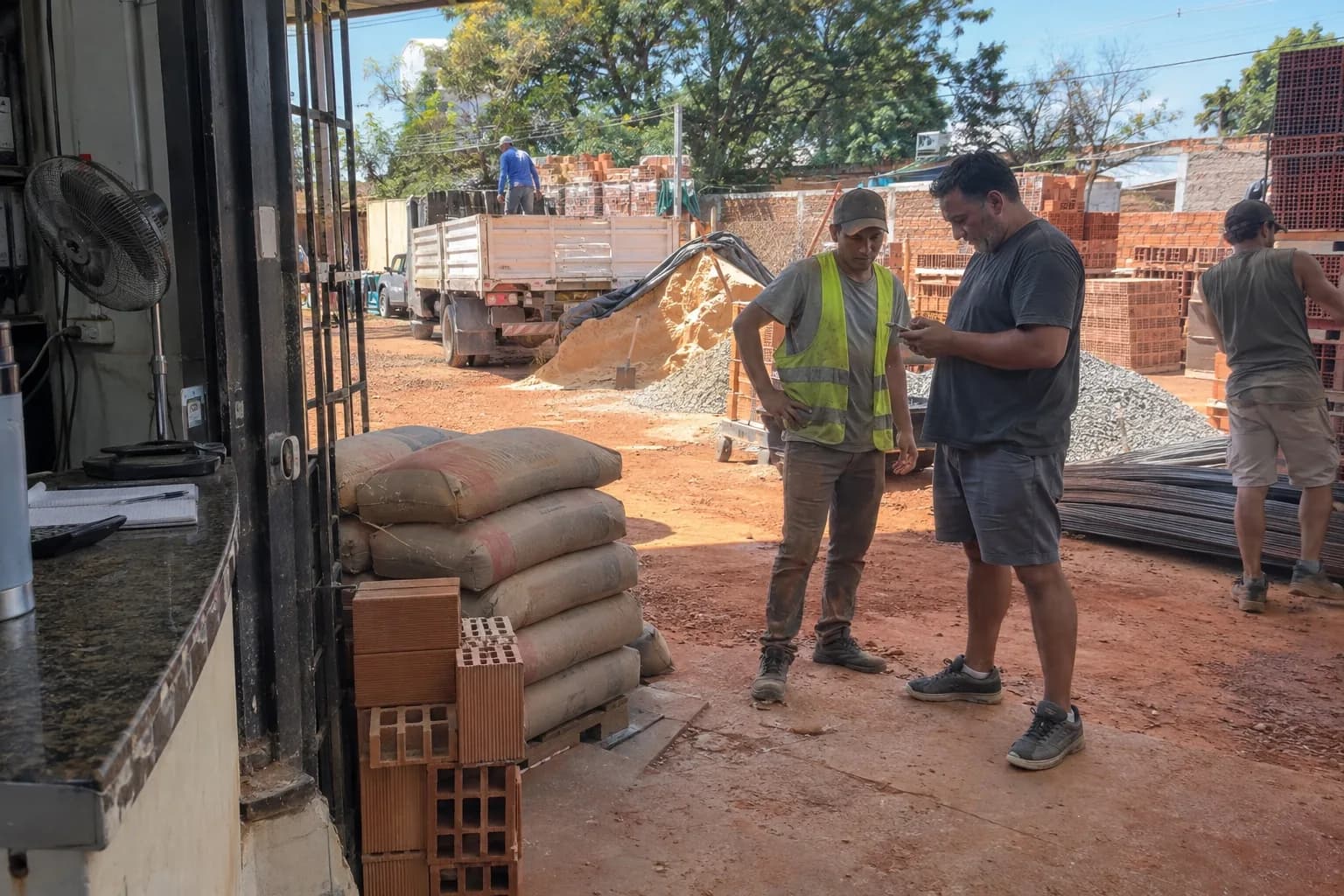 Empleado de un corralón con chaleco conversando con un constructor entre bolsas de cemento y ladrillos