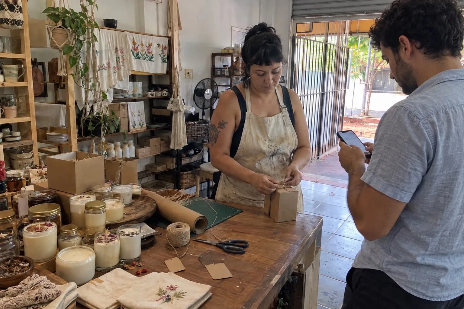 Emprendedora envolviendo un kit de velas en su taller mientras el cliente paga con el celular