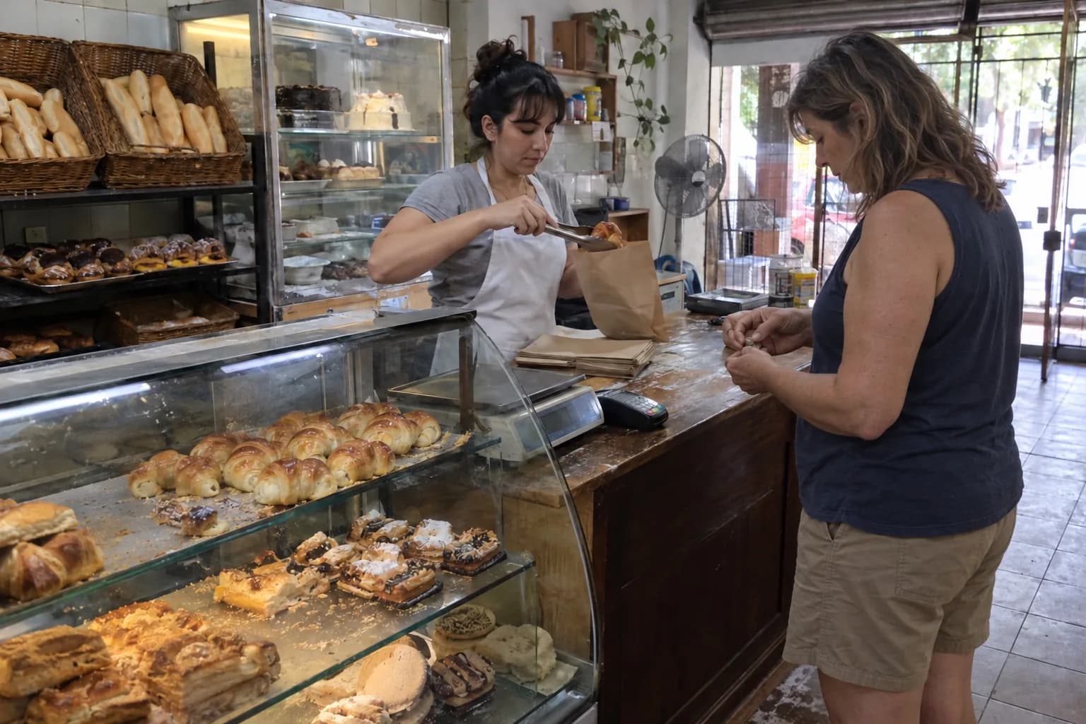 Empleada de una panadería poniendo medialunas en una bolsa de papel para una clienta