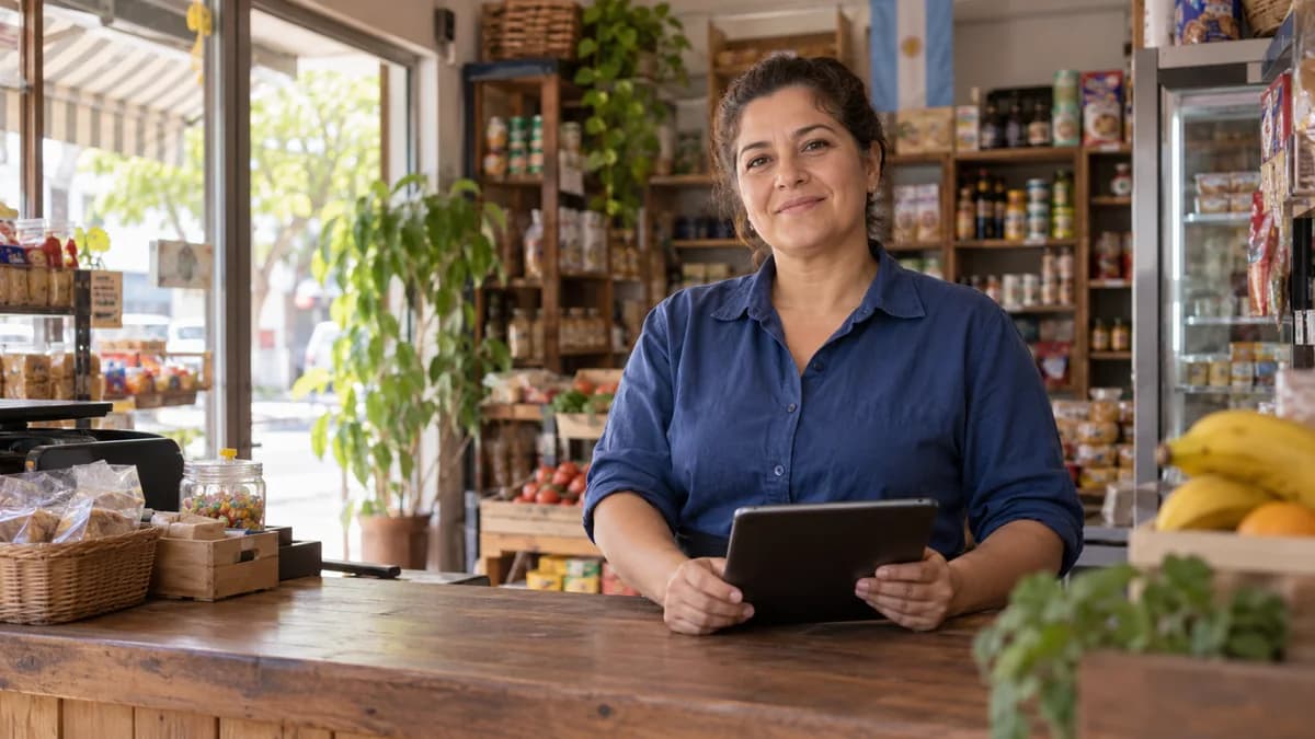 Comerciante con una tablet en el mostrador de un almacén.