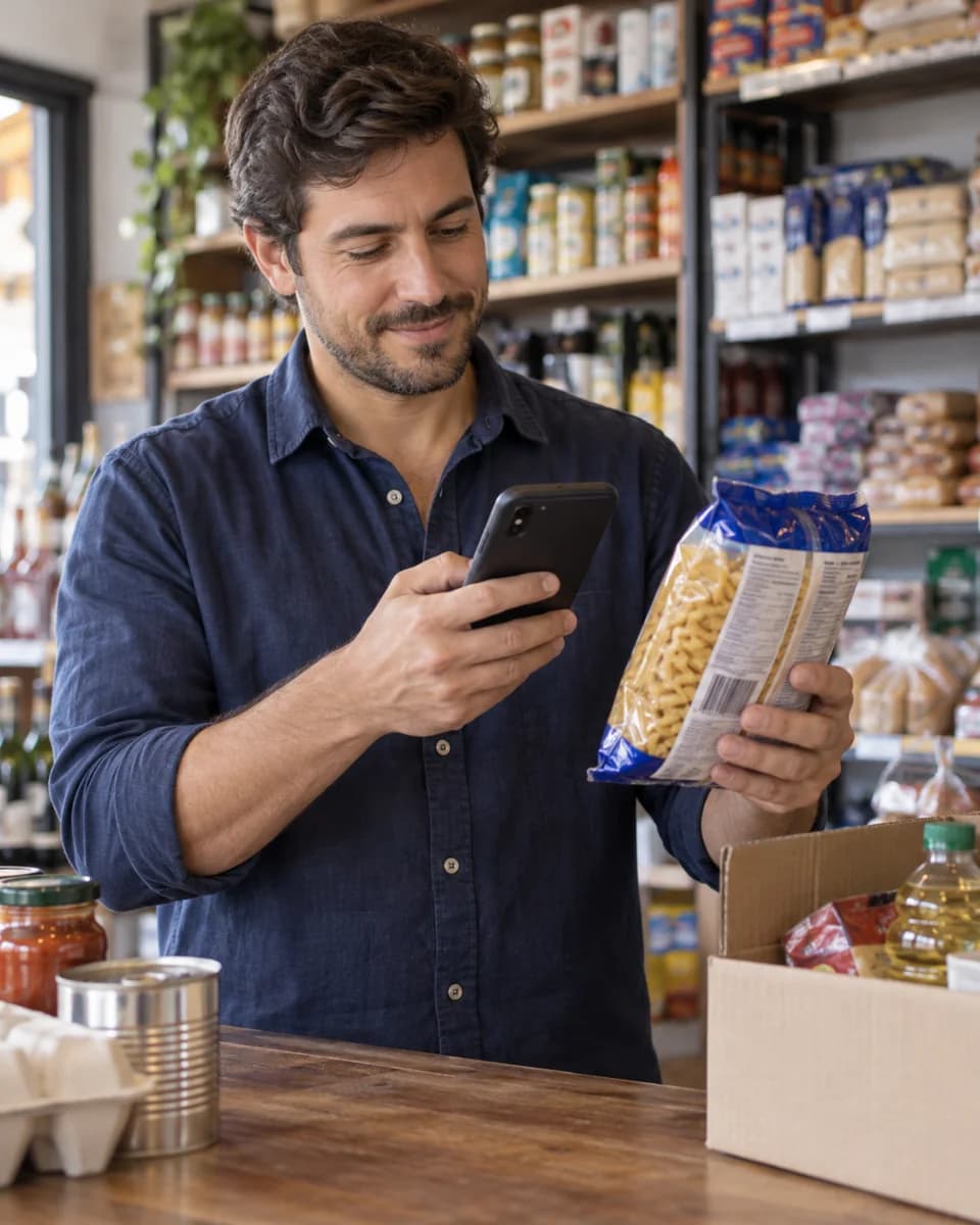 Comerciante usando el celular para escanear un producto.