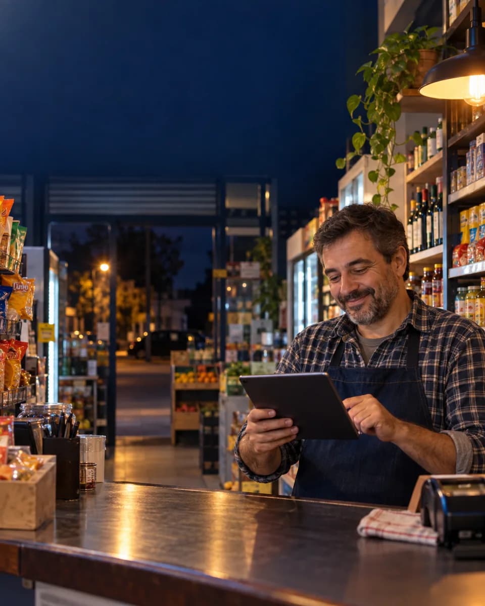 Comerciante revisando una tablet en el mostrador.