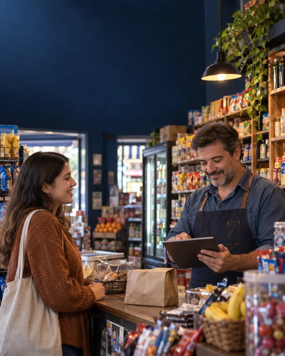 Atención de una venta con una tablet en un comercio de barrio.