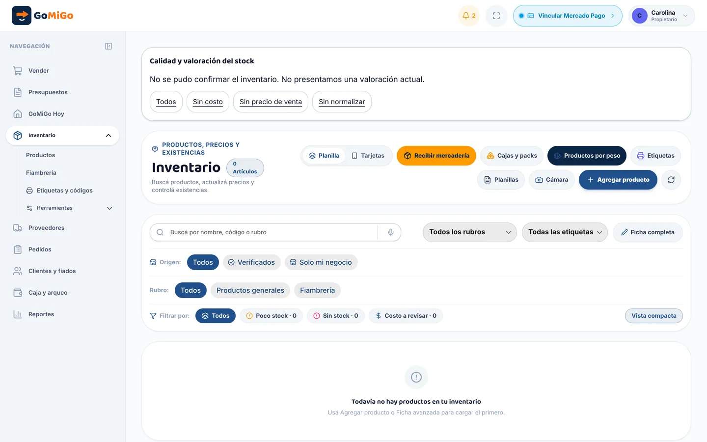 Pantalla Inventario de GoMiGo con productos de dietética, costos y precios por kilo