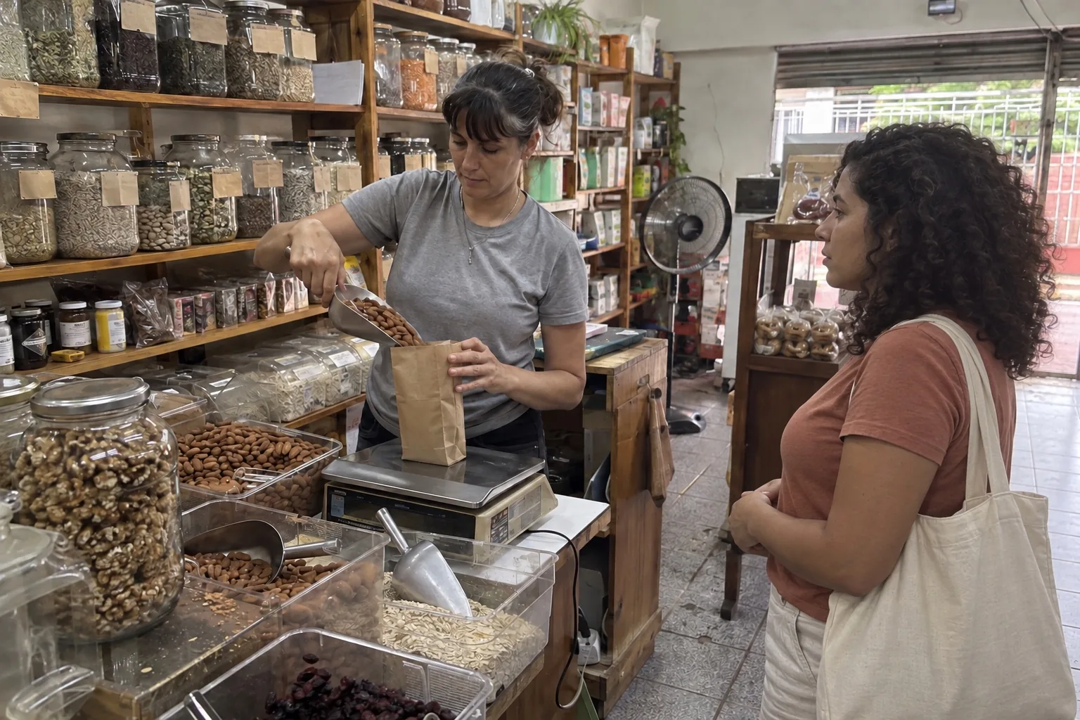 Dueña de una dietética pesando almendras en una bolsa de papel frente a los frascos de granel